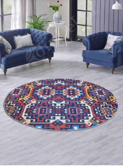 Etnik Renkli Kilim Desenli Yuvarlak Halı